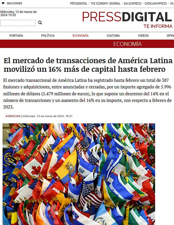 El mercado de transacciones de Amrica Latina moviliz un 16% ms de capital hasta febrero